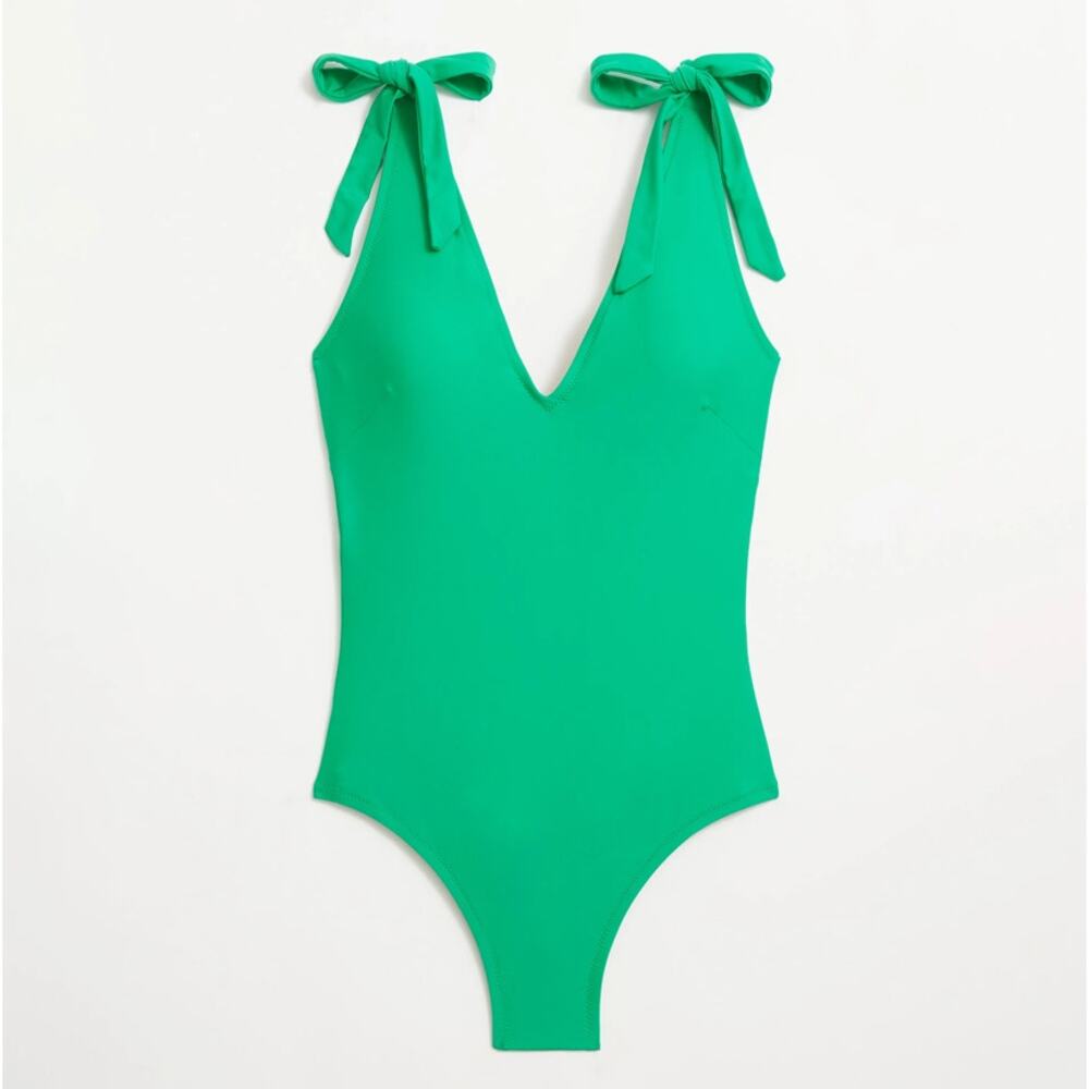 J.Crew Tie Shoulder One-Piece Swimsuit M Green V-Neck Adjustable Shoulder Strap